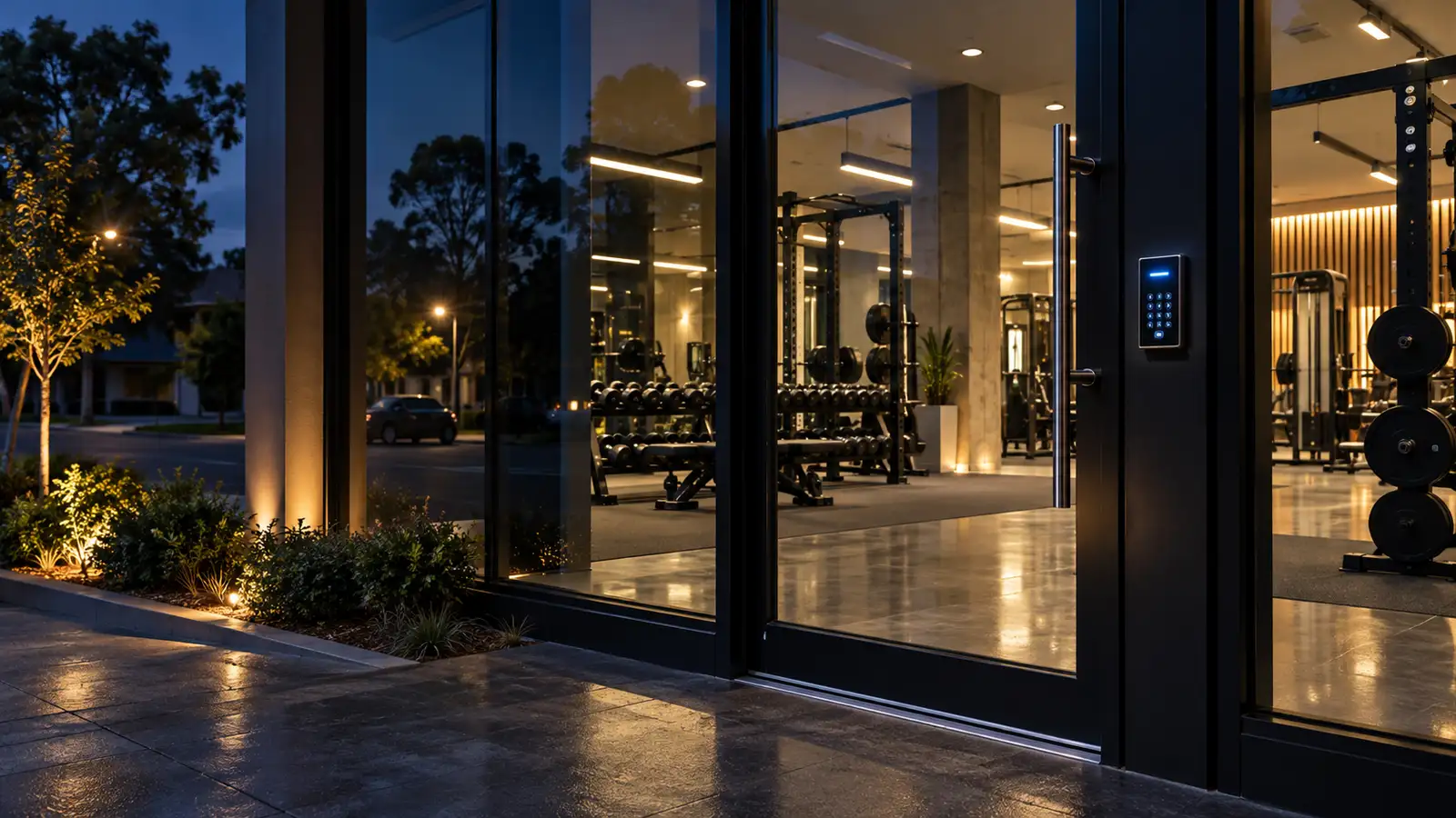 Keypad entry to a lit gym at night for 24-hour gym cleaning