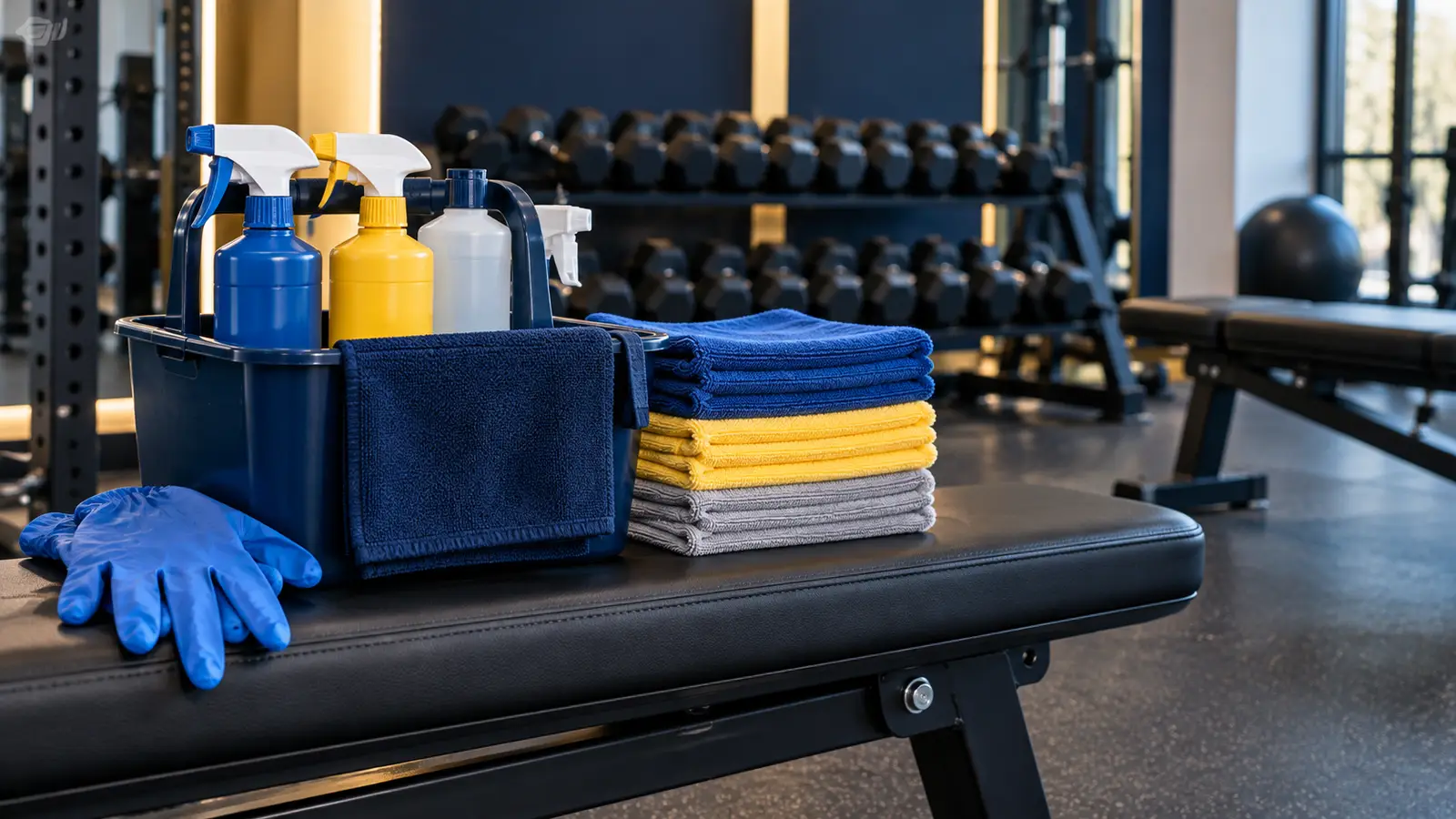 Colour-coded gym cleaning kit with folded microfibre cloths and bottles