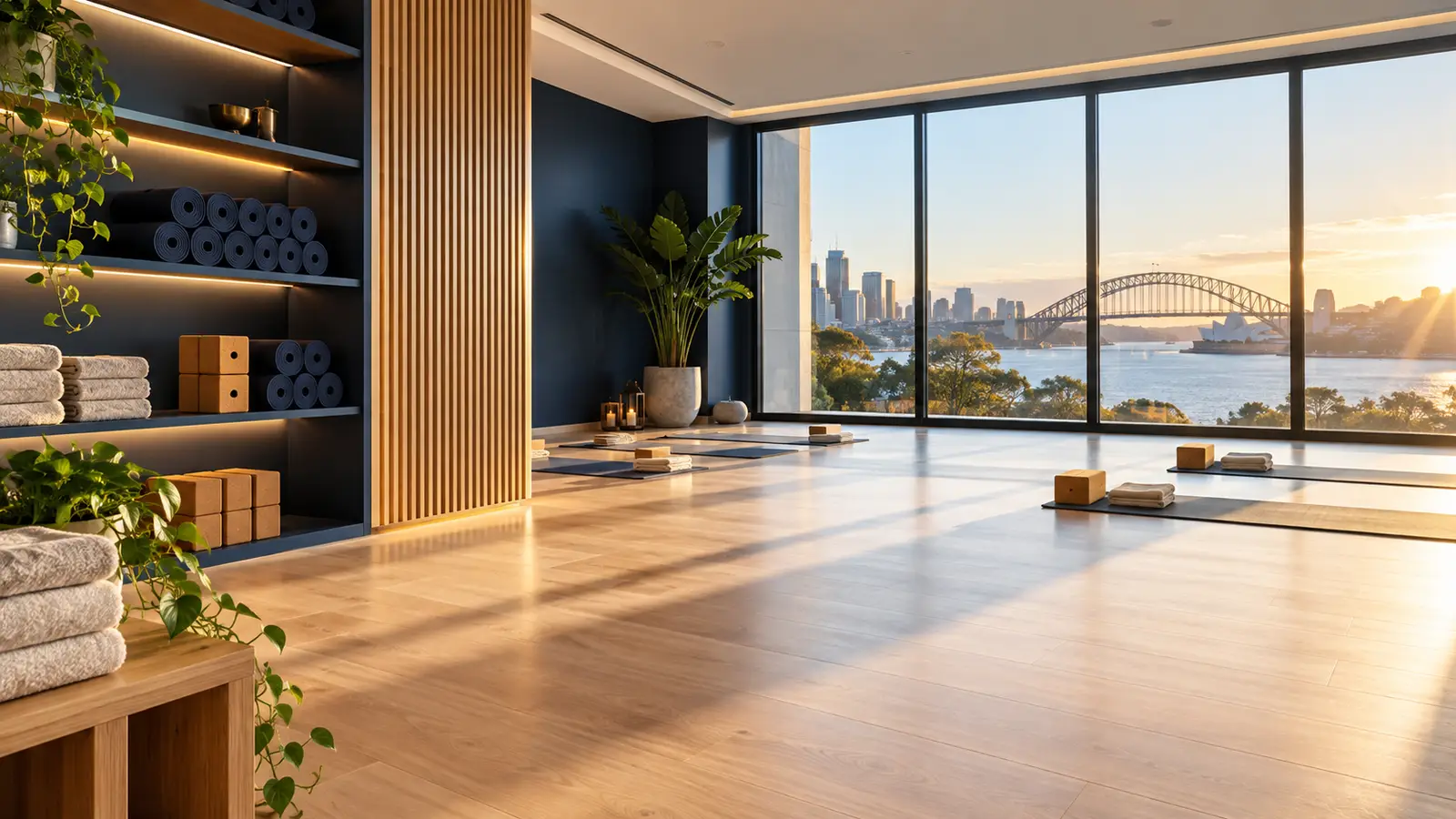 Clean timber yoga studio floor with mats rolled and stacked