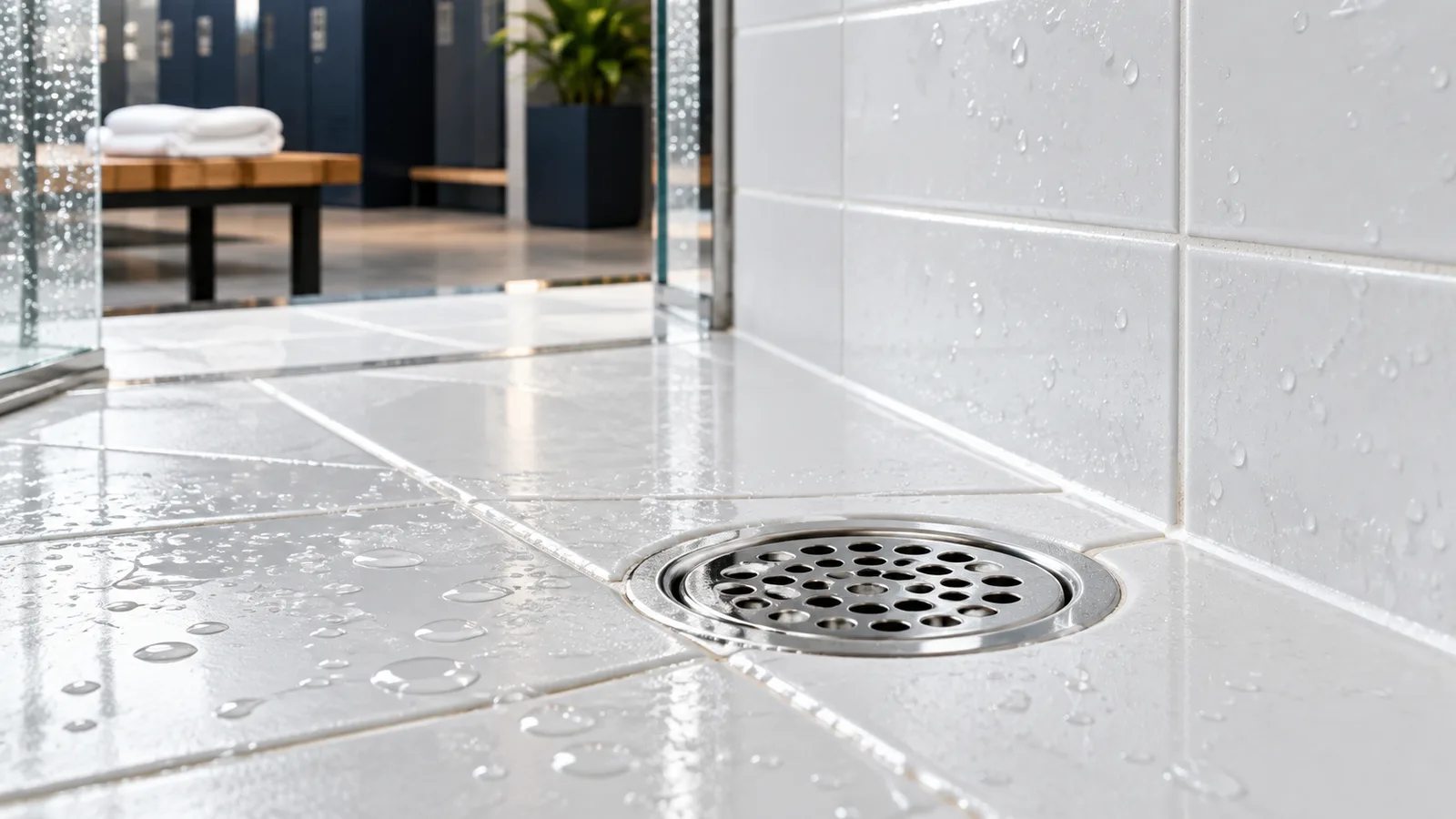 Clean white shower grout and chrome drain in a gym change room