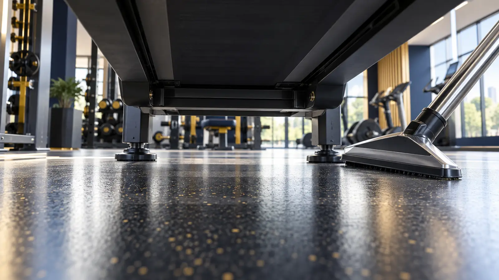 Freshly cleaned floor under a raised treadmill during a gym deep clean