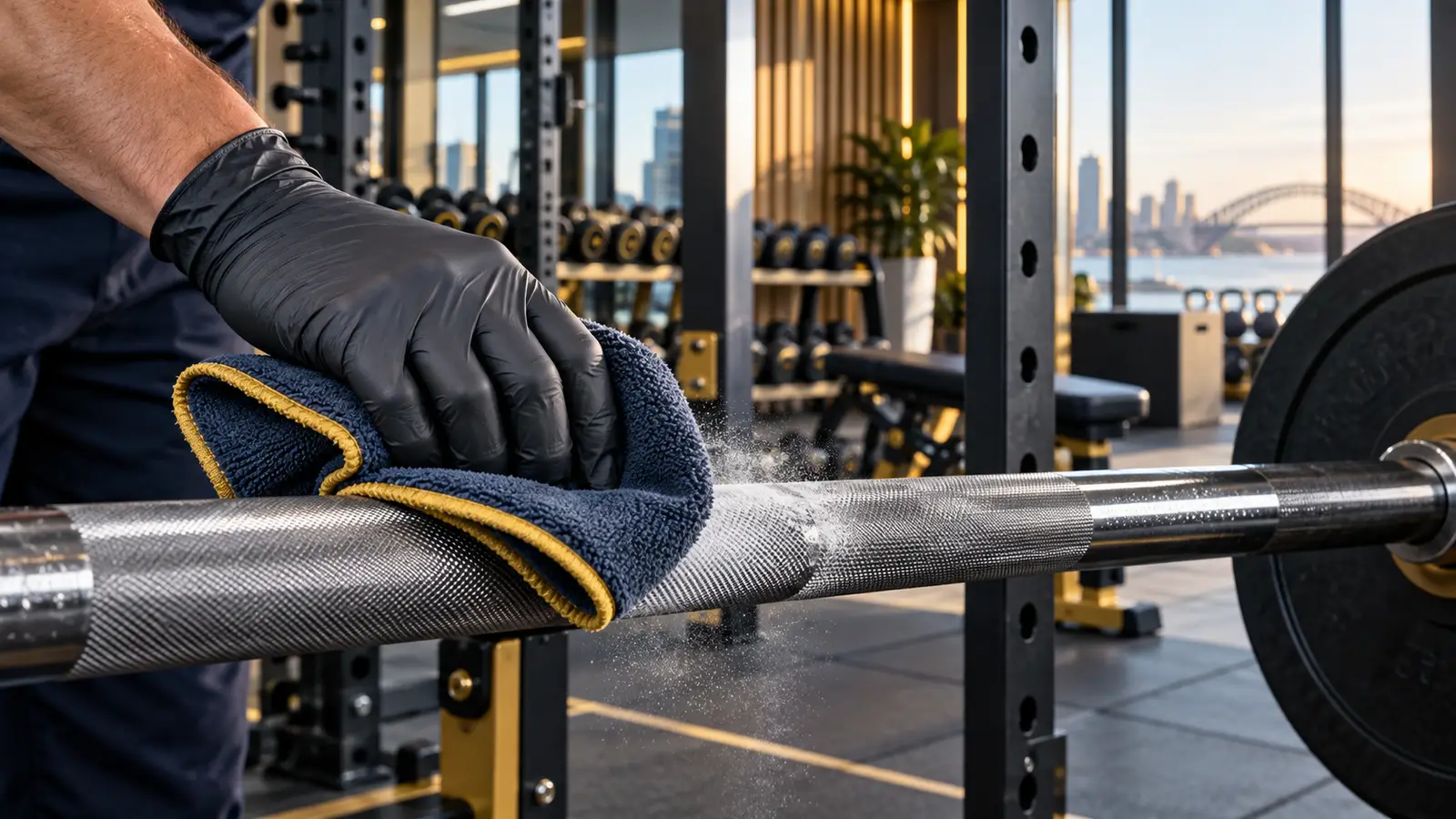 Barbell knurl wiped with microfibre during gym equipment cleaning