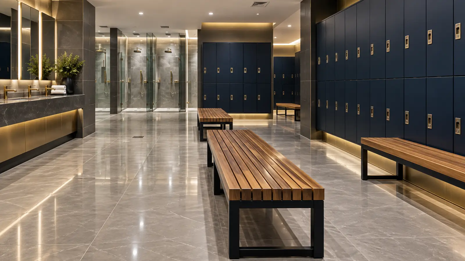 Large health club change room with clean benches and lockers