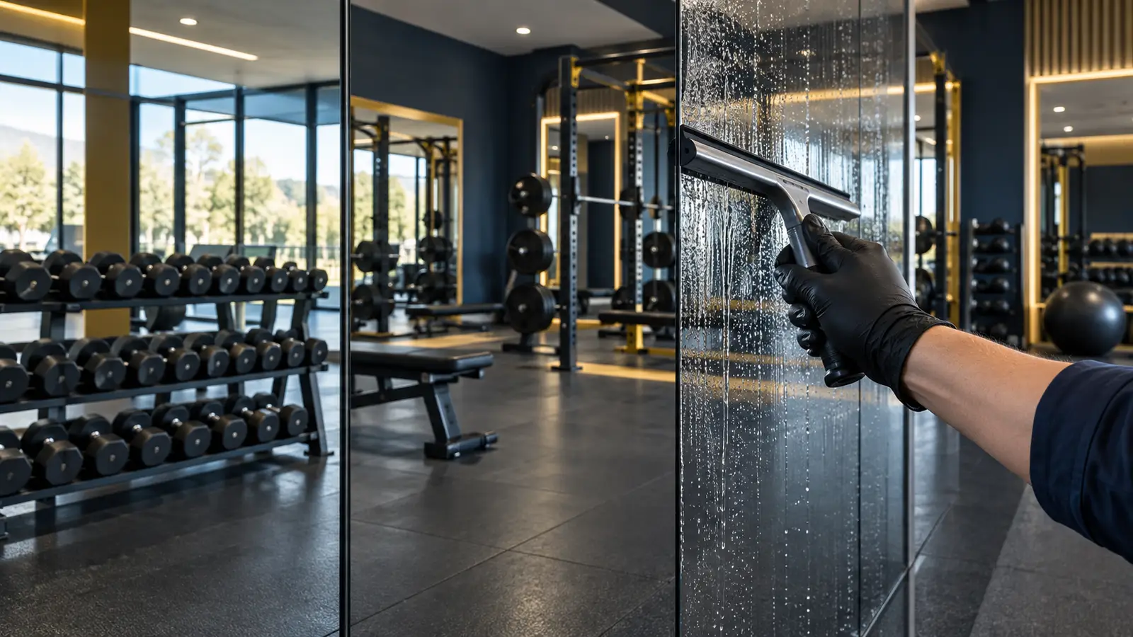 Gloved hand squeegeeing a gym mirror to a streak-free finish
