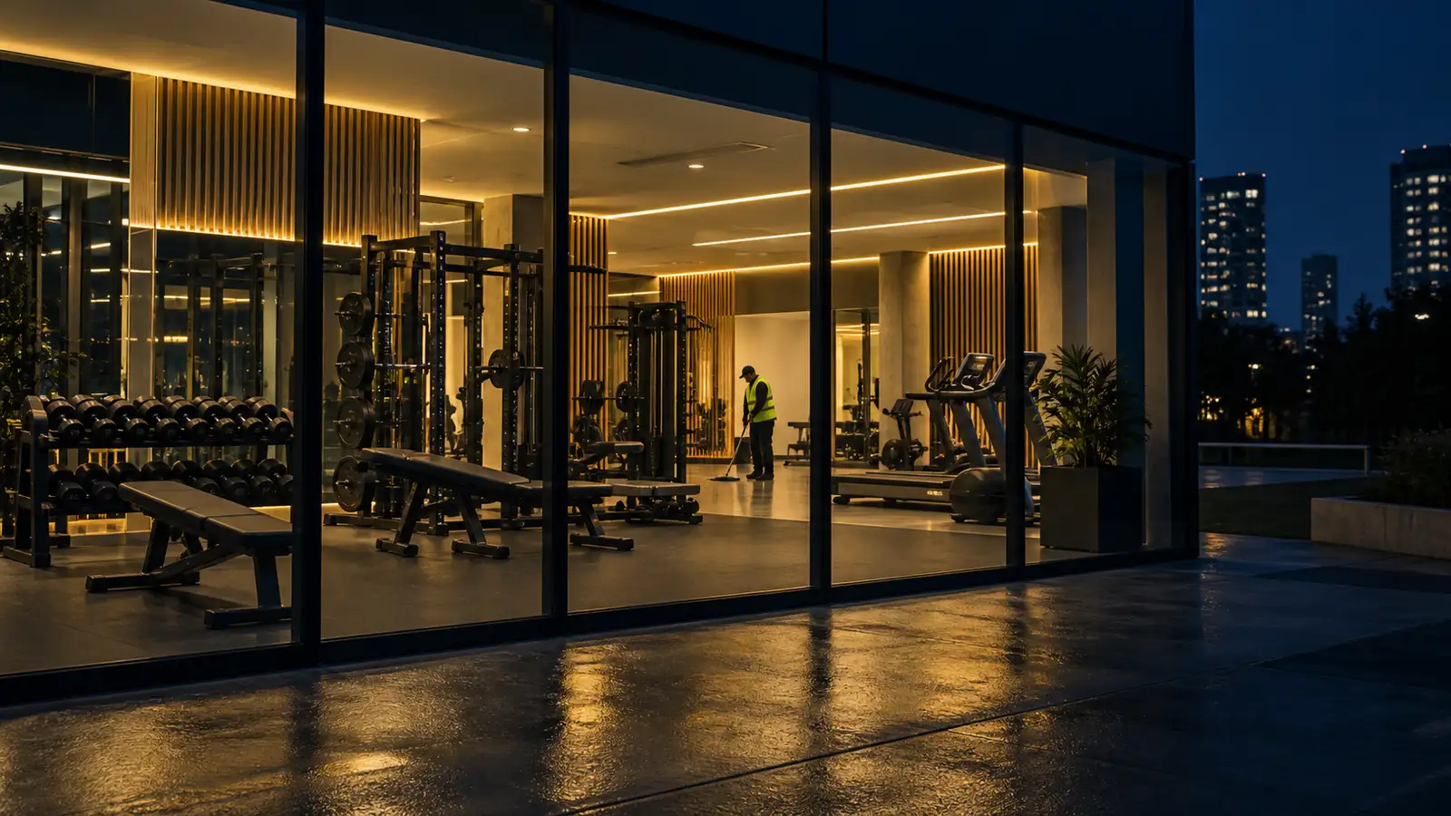 Cleaner mopping between machines inside a 24-hour gym at night