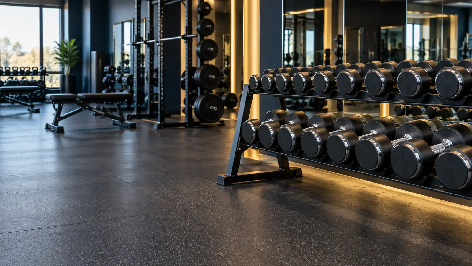 Racked chrome dumbbells on freshly cleaned rubber gym flooring