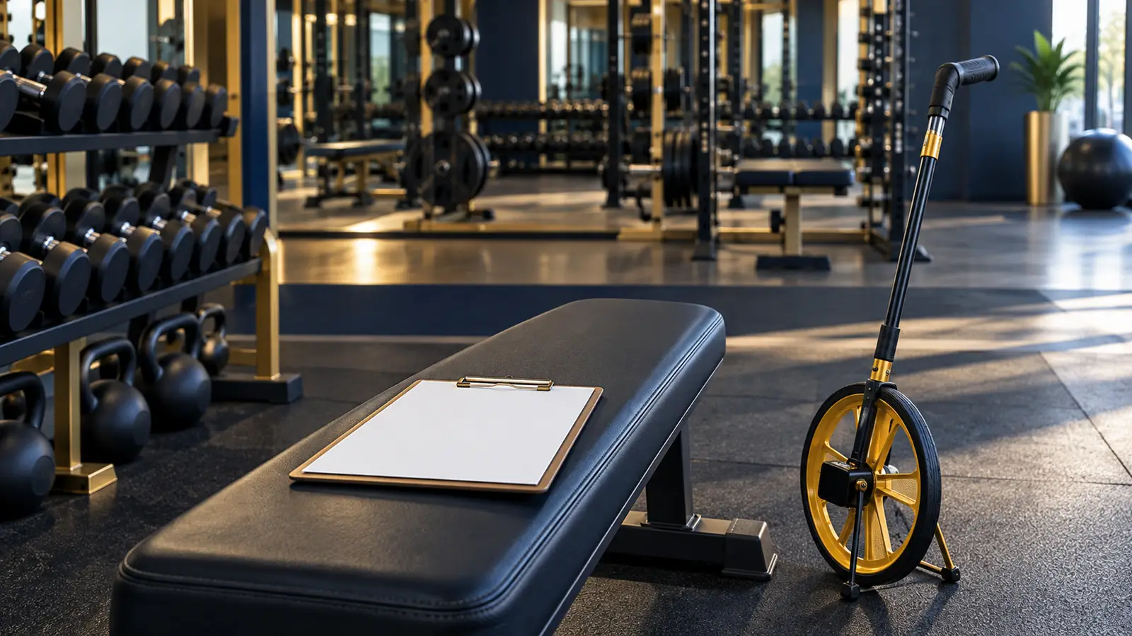 Scope sheet and measuring wheel on a gym bench before a quote walk-through